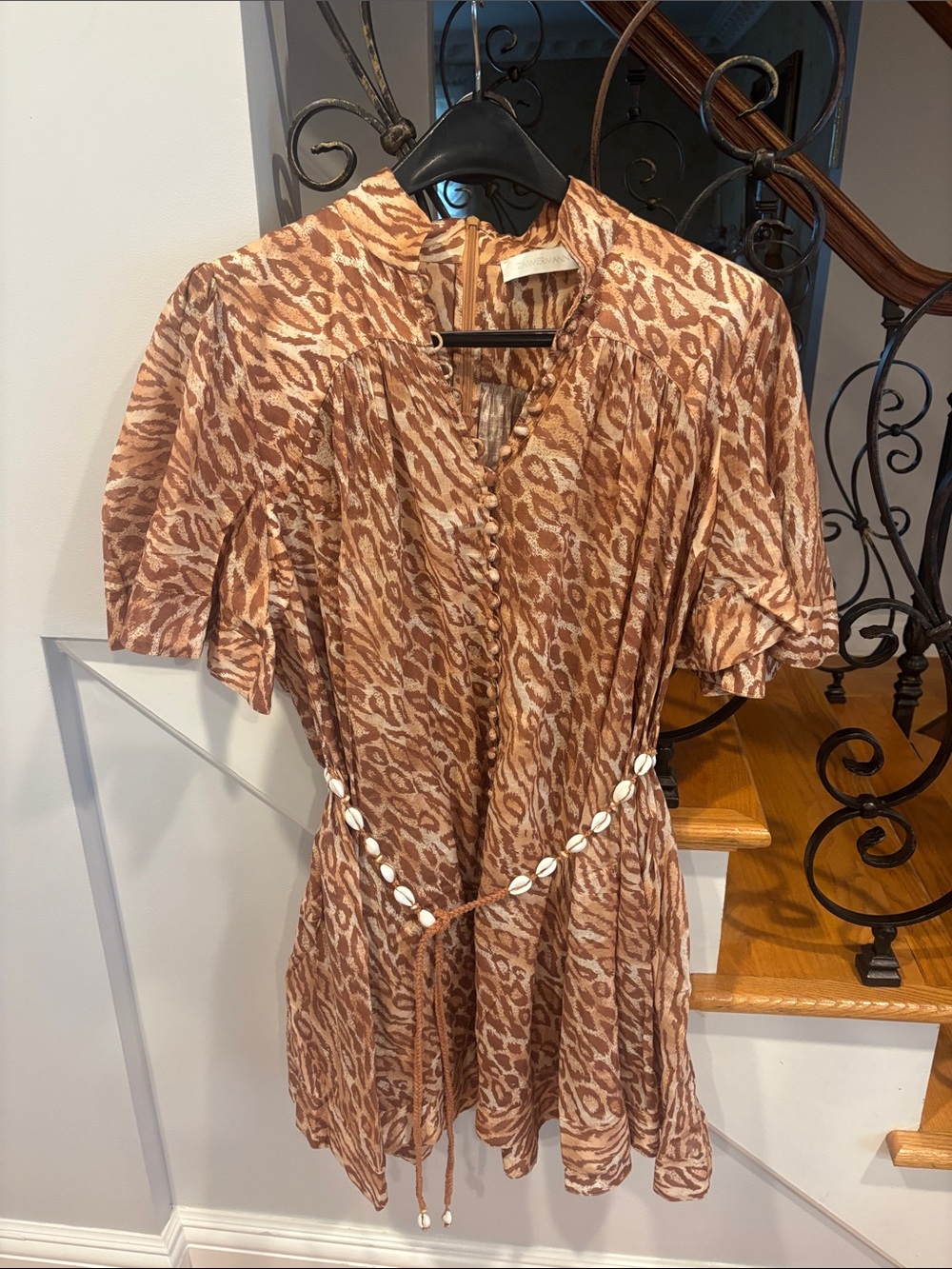 Zimmermann Brown Leopard-Print Short Flutter Sleeve dress with Shell Tie belt
